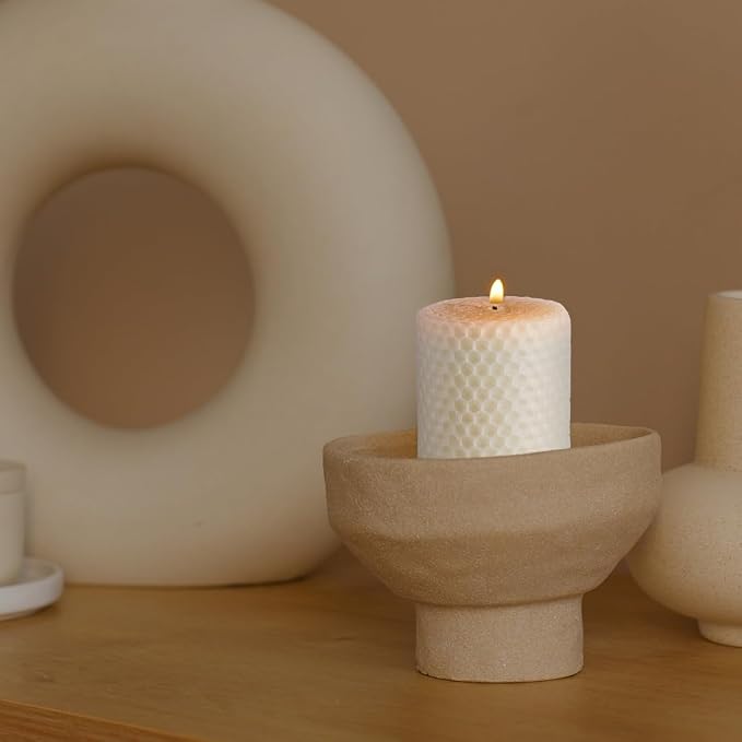 DEYBBY Cream White Beeswax Honeycomb Rolled Pillar Candles Set of 3 - Handmade Pure Organic Bees Wax Candles for Home Study Decor Housewarming Gift (2×3.3 in)
