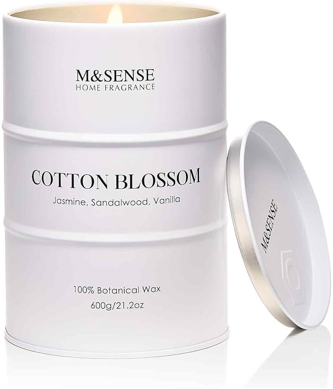 M&SENSE Cotton Blossom Scented Candles, Large, Natural Soy, 21.2oz | 120 Hour Slow Burning, Aromatherapy, Stress Relief, Meditation, Relaxing