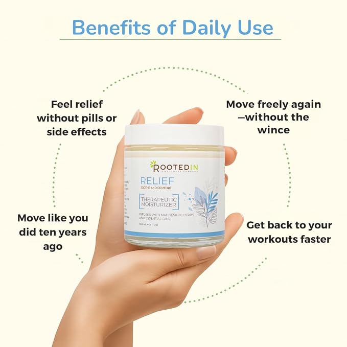 Rooted In Relief Magnesium Cream – 500mg Magnesium Chloride per Teaspoon – Enriched with Arnica, Comfrey & Botanical Blend – Targeted Muscle Support & Topical Relaxation – 4 oz Glass Jar