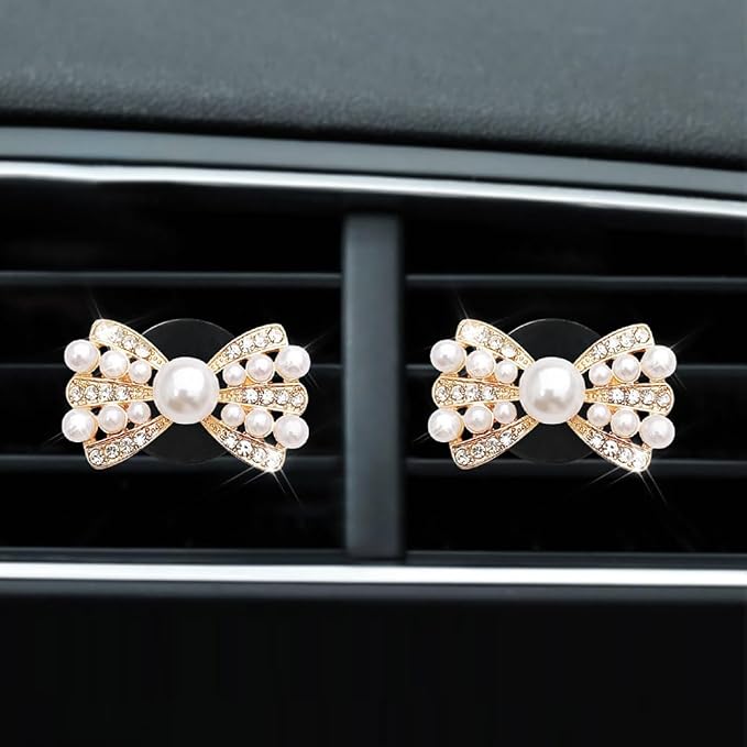 GSHLLO 2 Pcs Bow Car Air Vent Clips Faux Pearl Car Perfume Clips Bling Rhinestone Car Freshener Clips Car Outlet Conditioner Clips Auto Diffuser Charm Clips