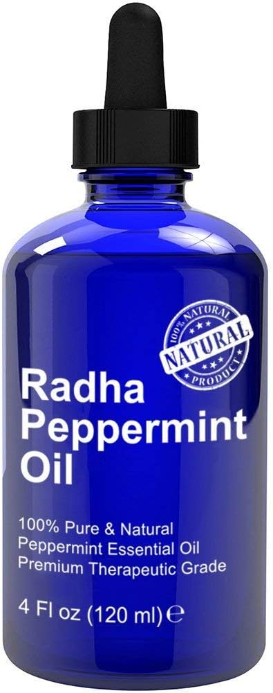Radha Beauty Peppermint Essential Oil 4 oz - 100% Pure & Therapeutic Grade, Steam Distilled for Aromatherapy, Fresh Minty Scent, Focus, DIY Projects, Candles, Sprays and Fragrance