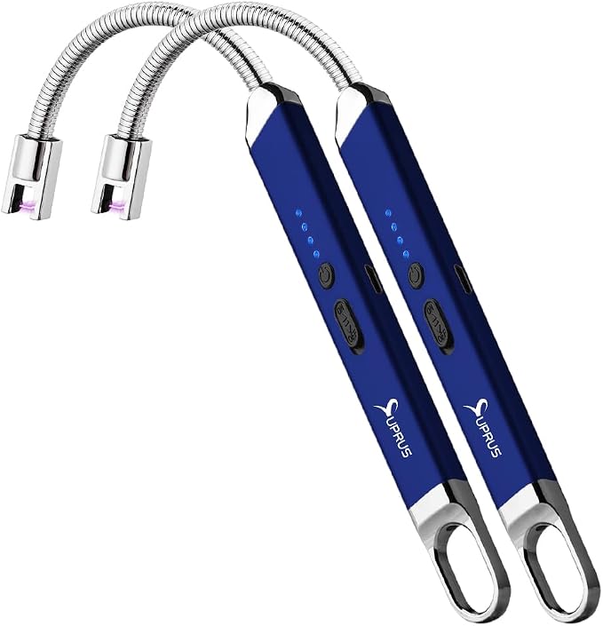 SUPRUS Rechargeable USB Arc Electric Lighetrs with Safety Switch 360° Flexible Neck Flameless Grill Long Lighters for Candle Camping Cooking (Dark Blue, 2Packs)