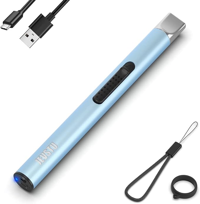 Electric Candle Lighter - Rechargeable USB Arc Windproof Flameless Plasma Lighter with Long Stick, Rope and Ring - No Butane Fluid - Perfect for BBQ, Camping, Kitchen Stove - Blue