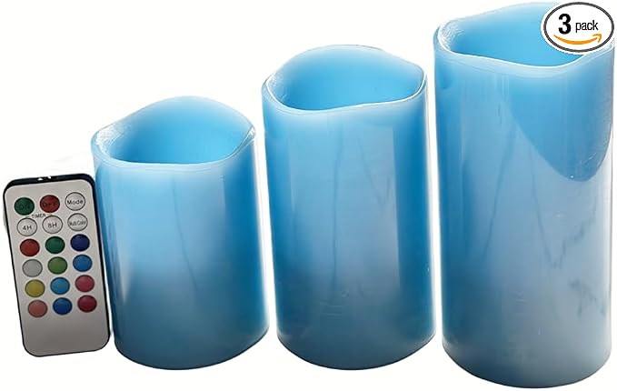 Adoria Blue Flameless Candles Set of 3- Real Wax Pillar Candles Battery Operated with Remote and Timer - Dia 3" XH4/5/6“，Ocean Scent,Color Changing for Home Decor. Wedding,Camping, Party