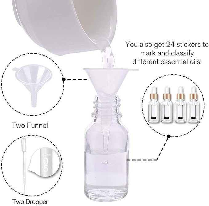 PrettyCare Glass Eye Dropper Bottles 24 Pack, 0.5oz (15ml) Clear Empty Thick Bottles Bulk with Leakproof Golden Caps - With Labels & Funnels for Storage, Travel, Essential Oils, Cuticle, Tinctures