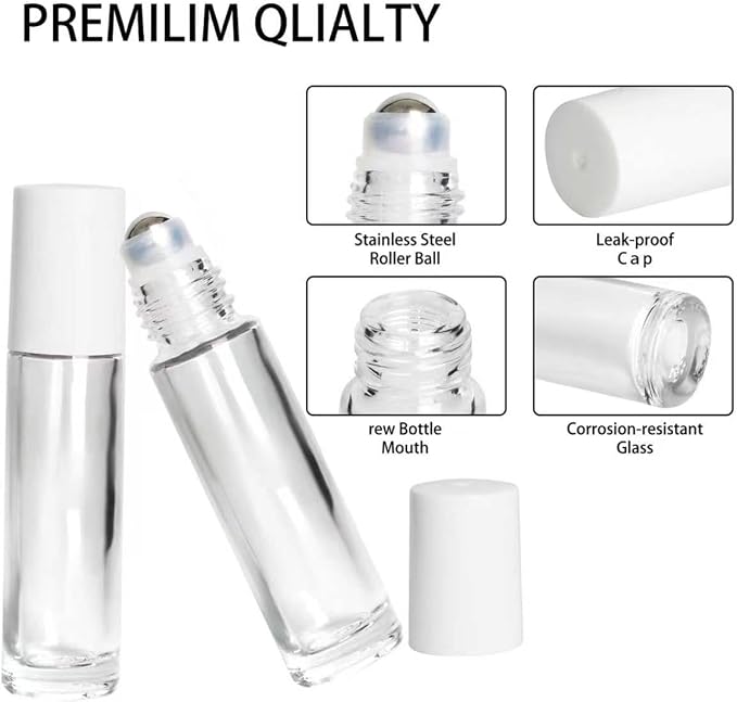 24-Pack 10ml Clear Glass Roll-On Bottles with Stainless Steel Rollers, Refillable Roll-On Applicators for Essential Oils, Castor Oil, Aromatherapy, and Empty Deodorant Containers