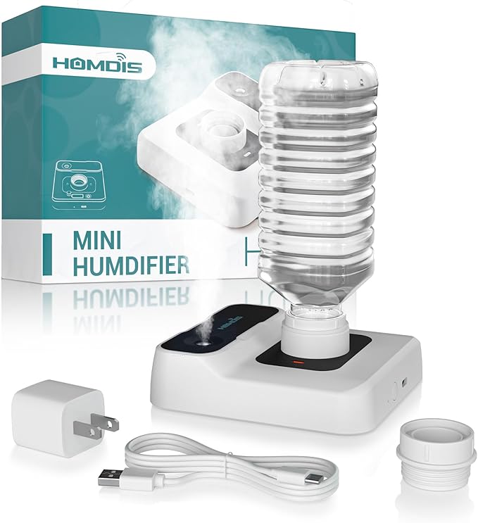 Travel Humidifier, Portable Small Humidifier for Plants, Bedroom, Office, Hotel or Car, 5000mAh Battery Operated Mini Cool Mist Humidifiers, Quiet 23dB, Auto-off, Night Light & BPA-Free, White
