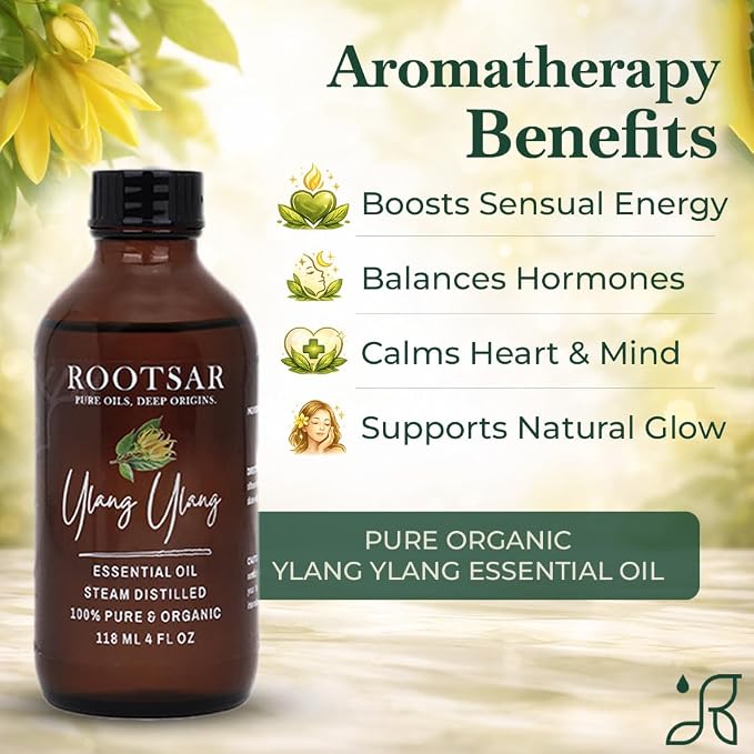 Ylang Ylang Essential Oil – 100% Pure Organic Ylang Ylang Oil, Steam Distilled, 4 FL OZ / 118 ML – Premium Essential Oil for Diffuser, Aromatherapy, Massage, Skin Care, Candle & Soap Making