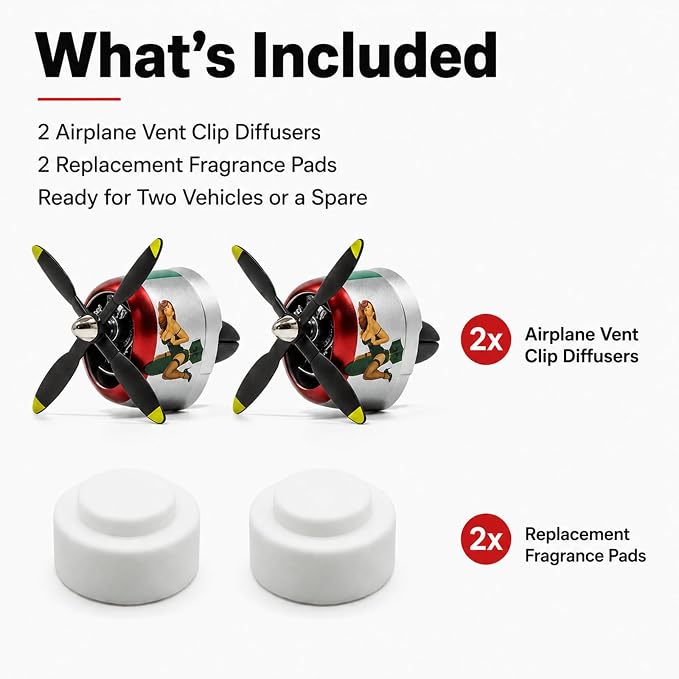 P-47 Inspired Car Vent Air Freshener 2 Pack with 2 Refill Pads, Vintage Side Graphic Airplane Propeller Diffusers, No Batteries Needed, Car Accessories for Men(P47-VG-SLV-2SET)