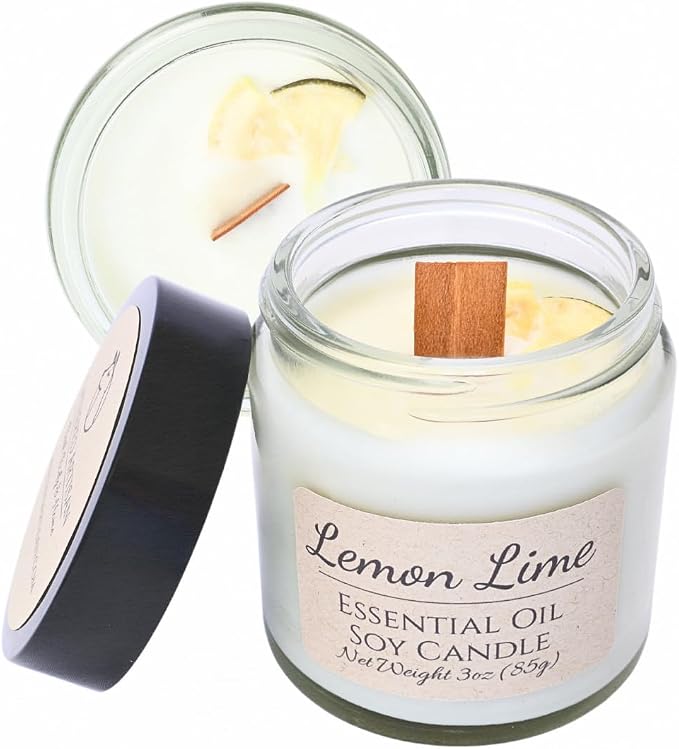 Lemon Lime Citrus Essential Oil Candle 3 oz, Hand Crafted Pure Soy Wax Candle with Wooden Wick, Spice Garnish, 23 Hour Burn Time, Natural Aromatherapy Glass Jar Candle with Lid by Lathered Artisan