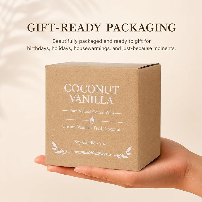 Coconut Vanilla Candle, 9 oz Soy Coconut Wax Scented Candle for Home, Vanilla Coconut Aromatherapy Candle, Clean Burning Jar Candle for Bedroom Bathroom Spa, Candle Gifts for Women Men
