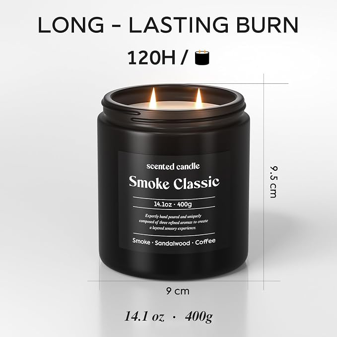 CHILLFLAME Candles for Men, 14.1 oz Scented Candles for Home, 2 Wicks Blended Scents Birthday Candles Gifts for Dad, Teacher, Boyfriend (Smoke+Sandalwood+Coffee)
