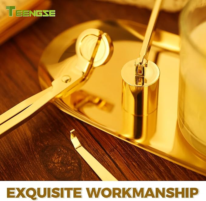 4 in 1 Candle Accessory Set with Storage Tray Plate, Candle Wick Trimmer, Candle Wick Snuffer, Candle Wick Dipper (Gold)