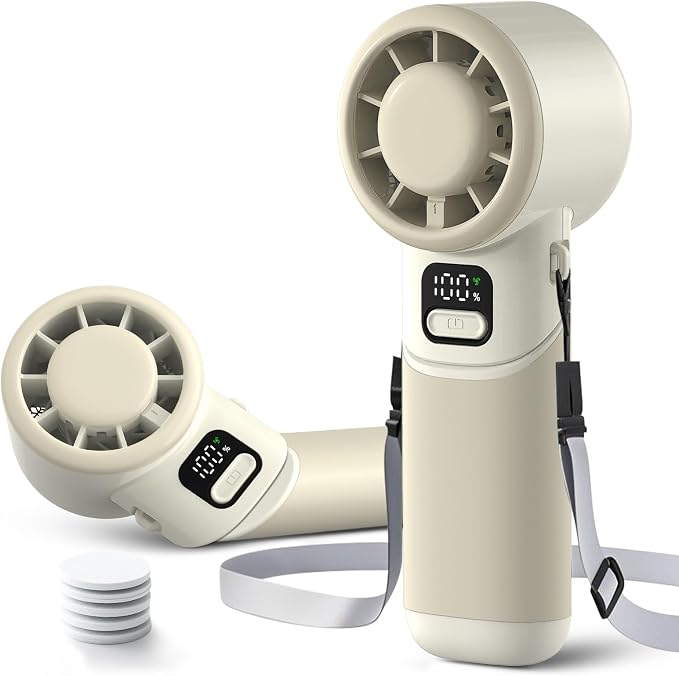 Portable Handheld Turbo Fan, 4000mAh Rechargeable Mini Personal Fan, 5 Speeds, USB-C 90° Adjustable Desk Fan, Aroma Diffuser, Up to 12H Cooling for Travel, Office, Makeup, Beach, Cream Beige