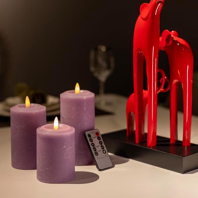 ANGELLOONG Purple LED Candle with Timer, Real Wax Flameless Pillar Candles with Remote, Set of 3 Flickering Electric Battery Operated Candles for Home Decor Halloween Christmas Decoration