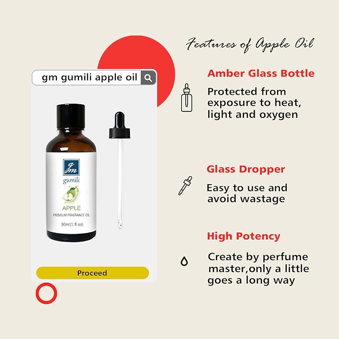 GM Gumili Apple Fragrance Oil, Perfume Oil, Home Scent Oils for Soaps, Candle Making, Dryer Balls, Diffusers, Laundry, Slime -1 oz /30ml