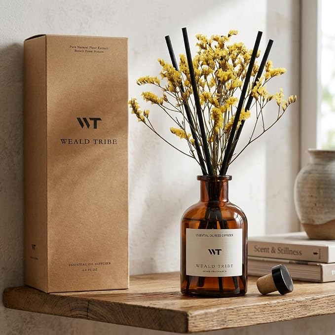 WEALD TRIBE Reed Diffuser Set for Bathroom Air Fresheners, Oil Diffuser Sticks with Flower | Lemongrass Scent 4.0 fl oz Home Fragrance with Sticks Defusers | House Bedroom Office Shelf Decor