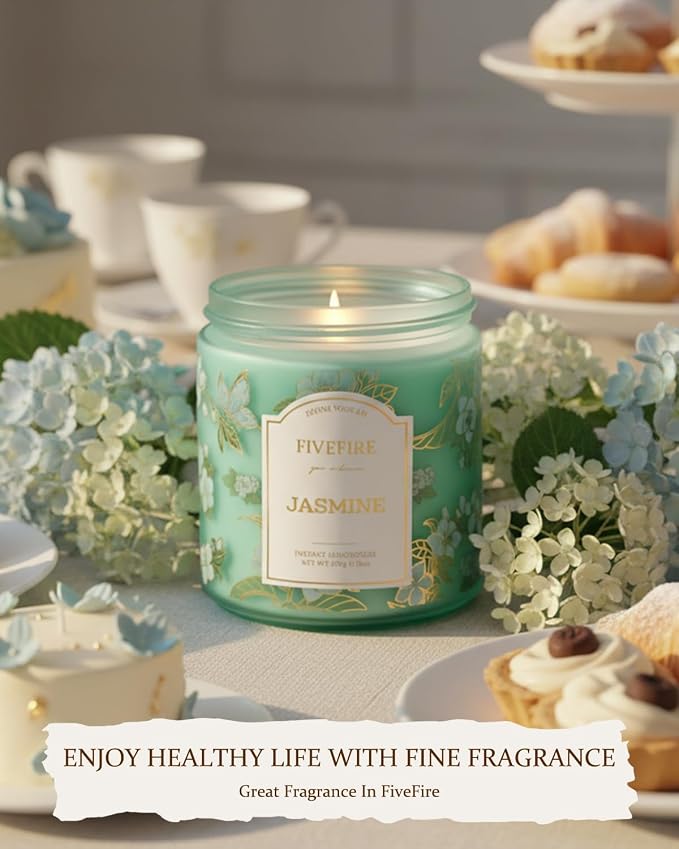Jasmine Scented Candles for Self Care, 13oz Natural Soy Wax 2-Wick Jar, Up to 76-Hour Clean Burn, Fresh Green Jasmine Home Fragrance, Gift for Women Men