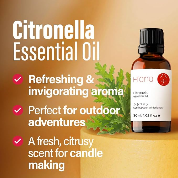 H'ana Citronella Oil - 1.02 Fl Oz Citronella Essential Oil for Hair, Skin, Diffuser, Aromatherapy & DIY