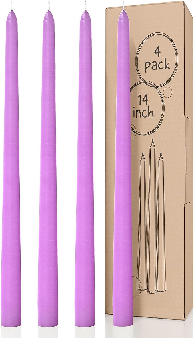 CANDWAX 14 inch Taper Lilac Candles Pack of 4 - Unscented Smokeless Dripless Tall Candlesticks - Perfect for Special Occasions, Ordinary Dinners, for Mother's Day - Lavender Candle Sticks