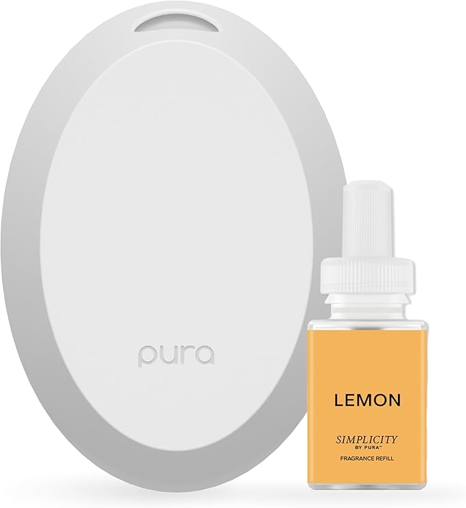 Pura Home Mini Fragrance Diffuser for Small Spaces Adjustable Smart Home Device with LED Light & Automatic Vial Detection - Includes 1 Scent Refill - Lemon