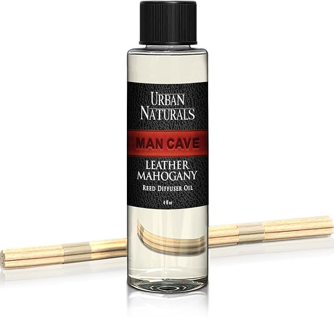 Urban Naturals Leather Mahogany Scented Oil Reed Diffuser Refill | Includes a Free Set of Reed Sticks! Masculine Blend of Smoky Bergamot, Leather, Spice, Amber and Wood – 4 oz. Made in the USA