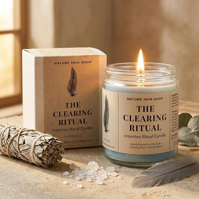 Nature Skin Shop The Clearing Ritual Intention Soy Candle White Sage and Palo Santo Aromatherapy Home Fragrance Vegan Cotton Wick 8 oz