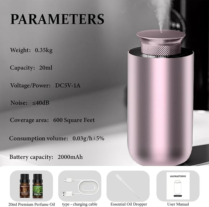2026 Upgraded Rechargeable Waterless Car Scent Diffuser Kit, Includes 2 Premium Oils, Auto On/Off, 4 Mist Levels & Timers, Portable Aromatherapy Diffuser for Hotel,Home,Room,Studio,Office - Rose Gold