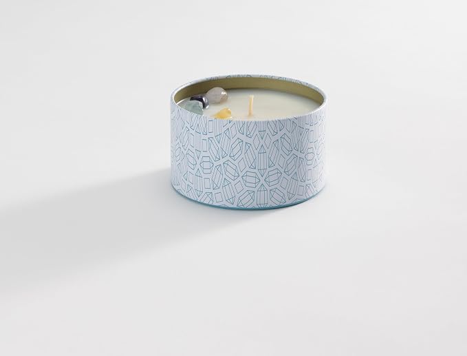 Luxury Candle Tin, 4 OZ, Focus - Fluorite Crystal Infused - Scents of Orange, Ginger, Ylang-ylang, & Lavender - Awareness, Mental Order, & Clarity - Coconut Wax Blend, Essential Oils
