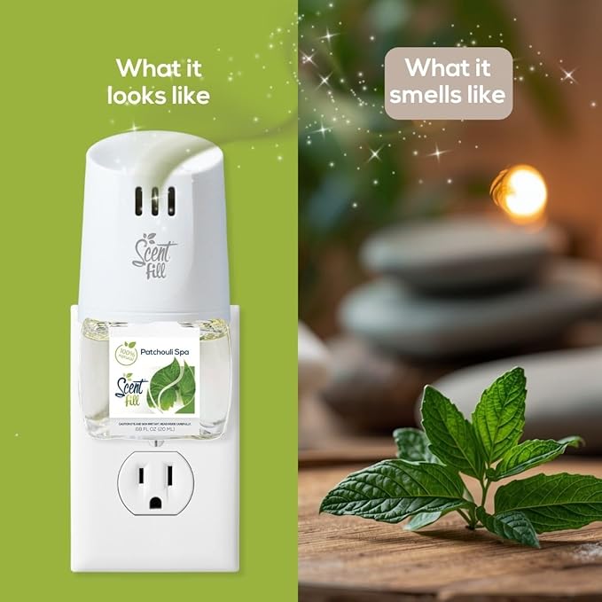 Scent Fill 100% Natural Patchouli Spa Plug in Air Freshener, Scented Oil Refills, 2 Refills + Diffuser