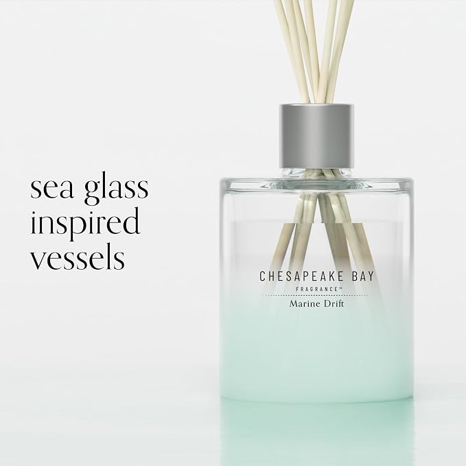 Chesapeake Bay Mood-Evoking Reed Diffuser, Marine Drift Scent, Sea Glass-Inspired Jar, Room Filling Fragrance Made with Essential Oils, Coastal Fragrance for Home Décor or Gifting