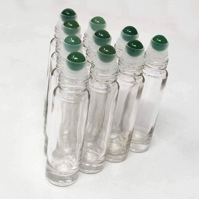 fengshuisale 10pcs Clear 10ml Empty Refillable Glass Bottles with Crystal Semiprecious Stones Essential Oil Gemstone Roller Ball Bottles with Silver Lid with Free Bag W3900 (Aventurine)