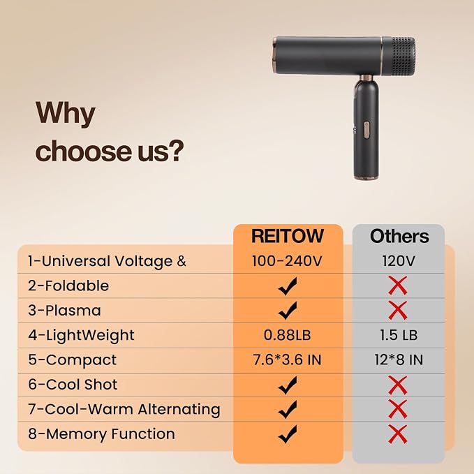 Dual-Voltage Foldable Travel Hair Dryer: Compact High Speed Plasma Diffuser Blow Dryer with Cool Shot - Lightweight/Portable -with Storage Bag & European Adaptor for All Hair Types Gray