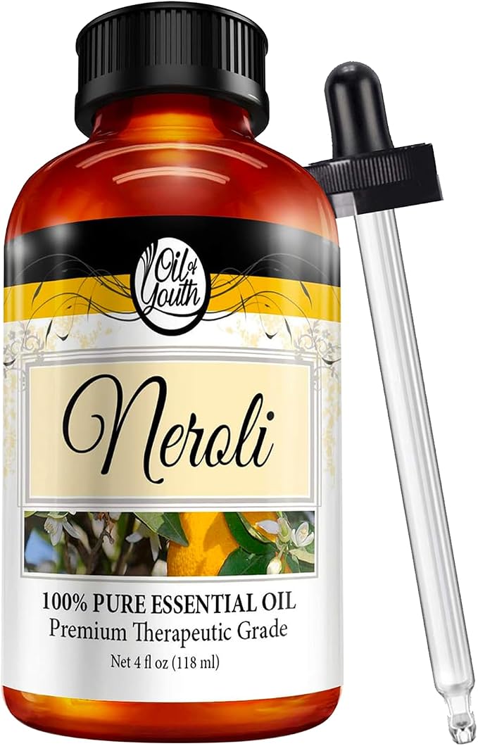 Oil of Youth Neroli Essential Oil Therapeutic Grade 4 fl oz with Dropper for Aromatherapy, Diffuser, Massage, Perfume, and Relaxation