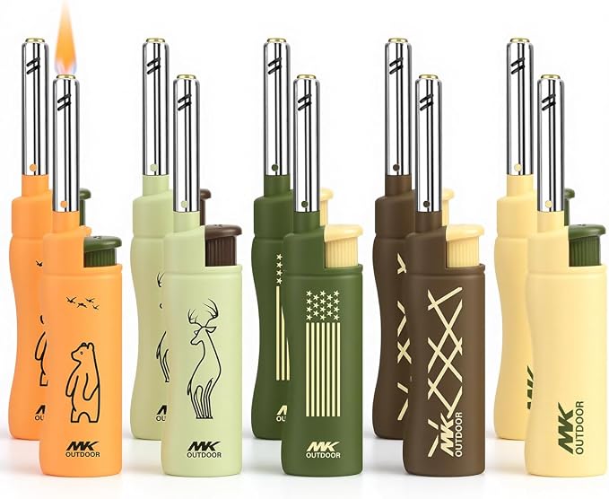 MK Lighter 10pcs. Outdoor Series Candle Lighters, Windproof Torch Flame, BBQ Grills, Camping Lighter, Outdoor Activities, Refillable Butane, Multipurpose Lighters (Assorted-10pc)
