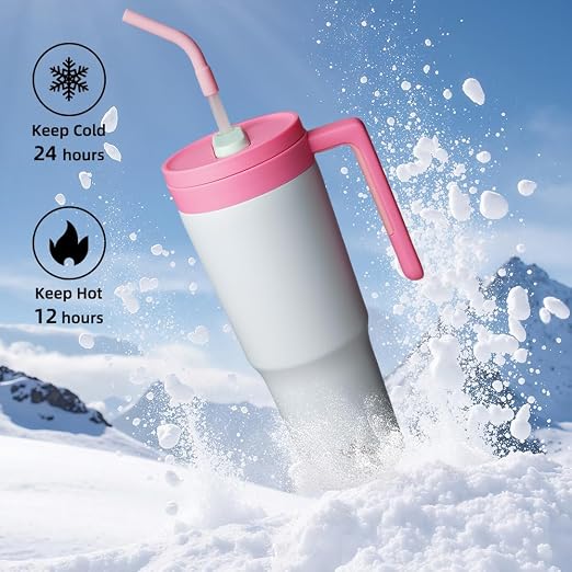 Konokyo Insulated Tumbler with Handle and Straw,40 OZ Vacuum Stainless Steel Water Bottle Travel Mug Metal Cup with Fruit Diffuser,Pink Grey