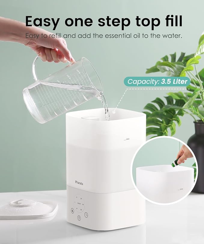 Pharata Humidifiers for Bedroom Home, 3.5L Top Fill Air Cool Mist Humidifiers for Baby Large Room Indoor Plants Nursery, Night Light, White