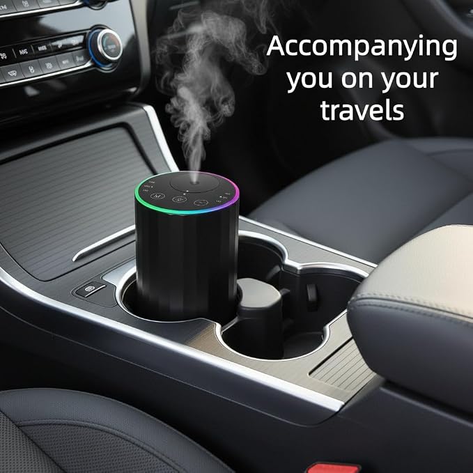 Waterless Essential Oil Diffuser, 7 Colors LED Light, Battery Powered Mini Scent Air Machine, Aromatherapy Mist Diffuser for Home Room Car Office，Black Aluminum Alloy (Black-LED)