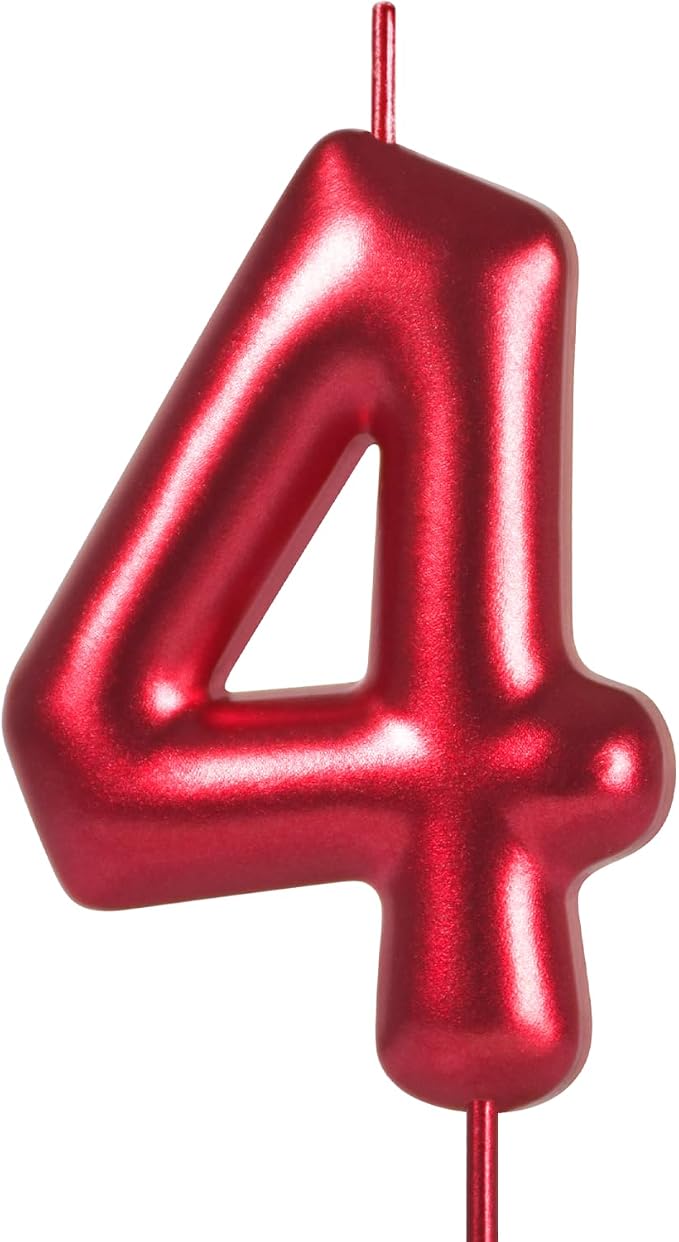 2.76“ Large Red 4 Birthday Candle, 4 Candle for First Birthday Boy, Number 4 Candle for Boys Red Theme Birthday Party Decorations, Red Birthday Candles for CocoMelon Birthday Decorations