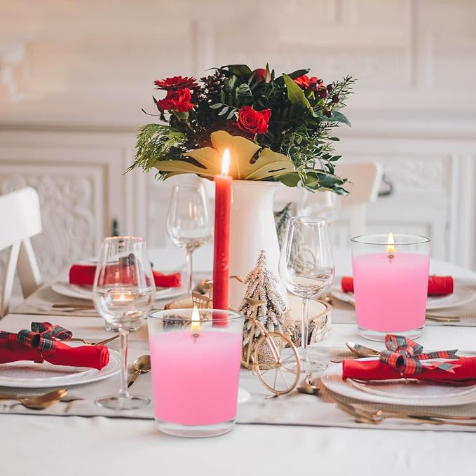 4 Packs Unscented Pink Votive Candles in Glass, 2 Inch Natural Soy Wax Scentless Candles for Valentine's Day Wedding Party Home Holiday Relaxation Spa, 12-15 Hour Burning Time