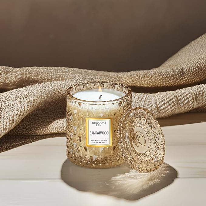 Sandalwood Candle, Dad Gifts Candle, Natural Soy Scented Candles for Stress Relief, 55 Hours Lasting Burning, Great Gift for Women & Men