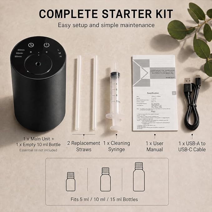 Oxdigi Waterless Essential Oil Diffuser, Portable Scent Air Machine with Timer & 3 Mist Modes for Home, Car, Office, Bedroom and Hotel, Black