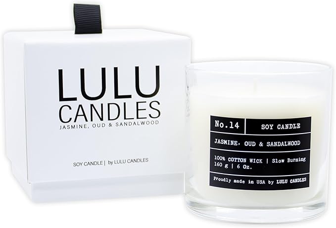 Lulu Candles | Jasmine, Oud & Sandalwood | Luxury Scented Soy Jar Candle | Hand Poured in The USA | Highly Scented Long Lasting (6 Oz. Gift Box)
