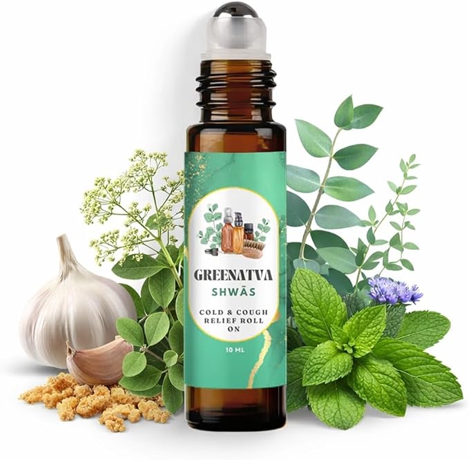 Shwas Cold Sore Throat Relief Roll On Essential Oil for Cough & Congestion, Eucalyptus, Peppermint Frankincense Essential Oil Blend for Breathing Comfort, Adults & Kids 10ml / 0.33 fl oz