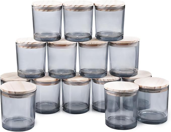 SHOWIN 10 OZ Thick Candle Jars for Making Candles 15 Pcs, Empty Jars with Wood Lids for Candle Making, Sample Container, Grey