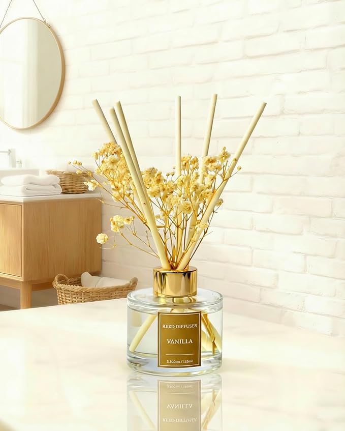 Reed Diffuser Set-Vanilla Scent Fragrance Oil Diffuser with 6 Reed Sticks | Home & Bedroom Bathroom Decor,3.38 fl oz (100ml)