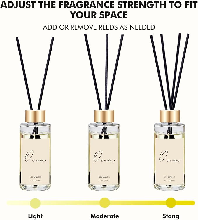 Reed Diffuser Set of 3, Eucalyptus, Linen & Ocean Scented Oil Diffusers with 15 Reeds, Long-Lasting Home Fragrance for Bedroom & Bathroom Decor, 1.7 fl oz Each, Total 5.1 oz