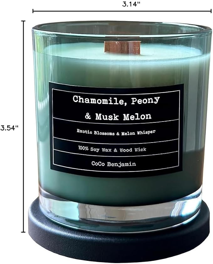 100% Soy, Highly Scented, Hand Poured Soy Candle (Chamomile, Peony & Musk Melon (Wooden Wick))