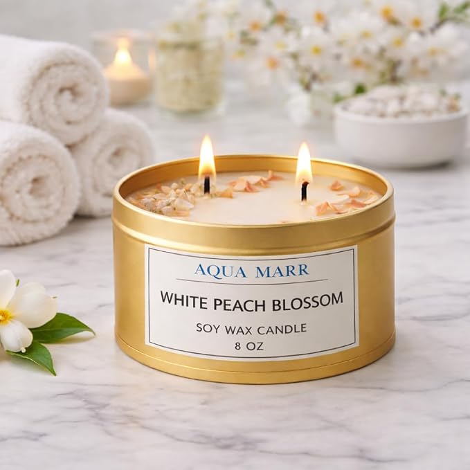 White Peach Blossom Soy Candle – 8 oz Floral Scented Candle, Hand-Poured Clean Burning Dual Wick Candle for Home, Spa & Relaxation – Aqua MARR