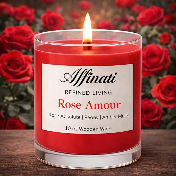 Affinati Rose Amour Scented Candle, 10 oz Wooden Wick Tumbler Jar – Romantic Fresh Cut Floral Aromatherapy, Luxury Soy Blend Gift